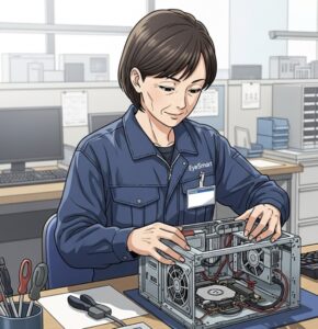 パソコン修理分解してトラブル解決を目指す作業スタッフ