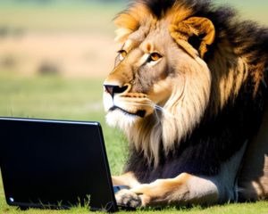 パソコンを触るライオン
