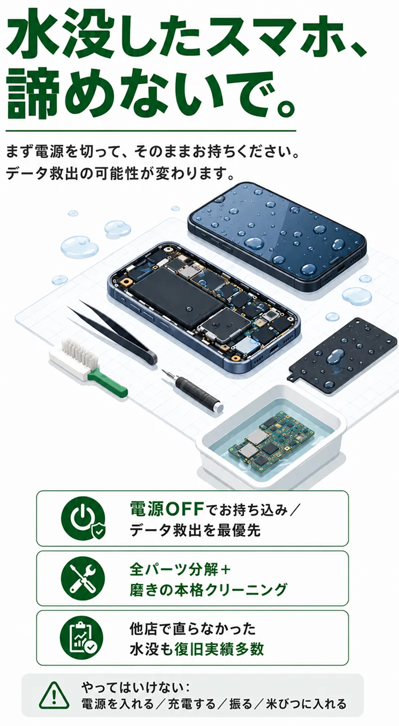 水没スマホのデータ救出・復旧サービス広告。電源OFFでの持ち込みを推奨し、全パーツ分解と本格クリーニングで他店不可の水没も復旧実績多数。分解されたiPhoneと水浸しの基板のイラスト付き。